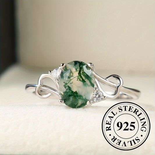 925 Sterling Silver Ring Inlaid Moss Agate In Egg Shape High Quality Jewelry Match Daily Outfits Party Accessory ( Grain Of Stone May Differ From One Another )