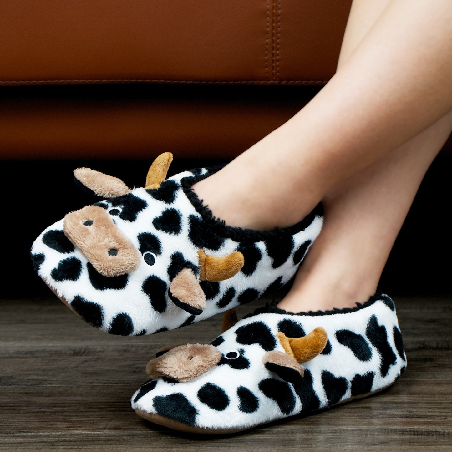 Women's Cute Cow Print Slippers, Casual Slip On Plush Lined Shoes, Lightweight Indoor Home Slippers