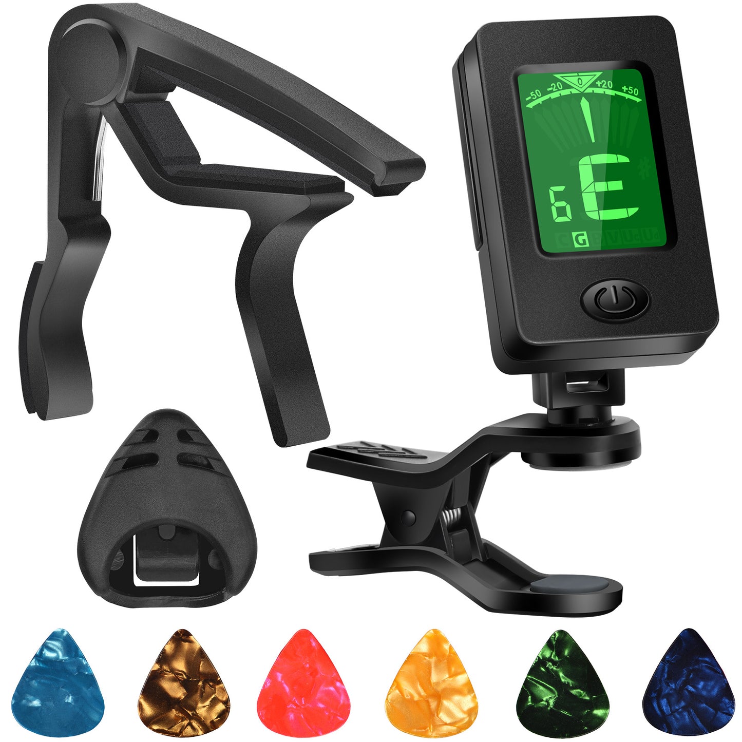 Guitar Tuner, Guitar Accessories with Guitar Picks, Guitar Capo, Capo for Acoustic Guitar, Bass, Ukulele, Buzzing-Free, Quick Release, Guitar Tuner Clip on for Guitar, Violin, Bass, Ukulele Chromatic