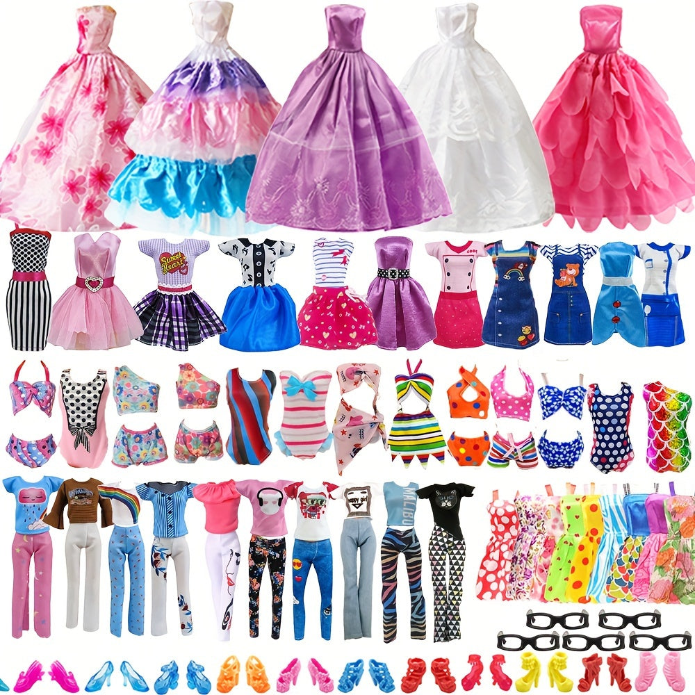 31Pack Doll Clothes And Accessories 5pcs Fashion Dresses 3pcs Gown Dresses 3 Bikini Swimsuits 5 Outfits 10 Shoes 5 Glasses For 11.5 Inch Doll