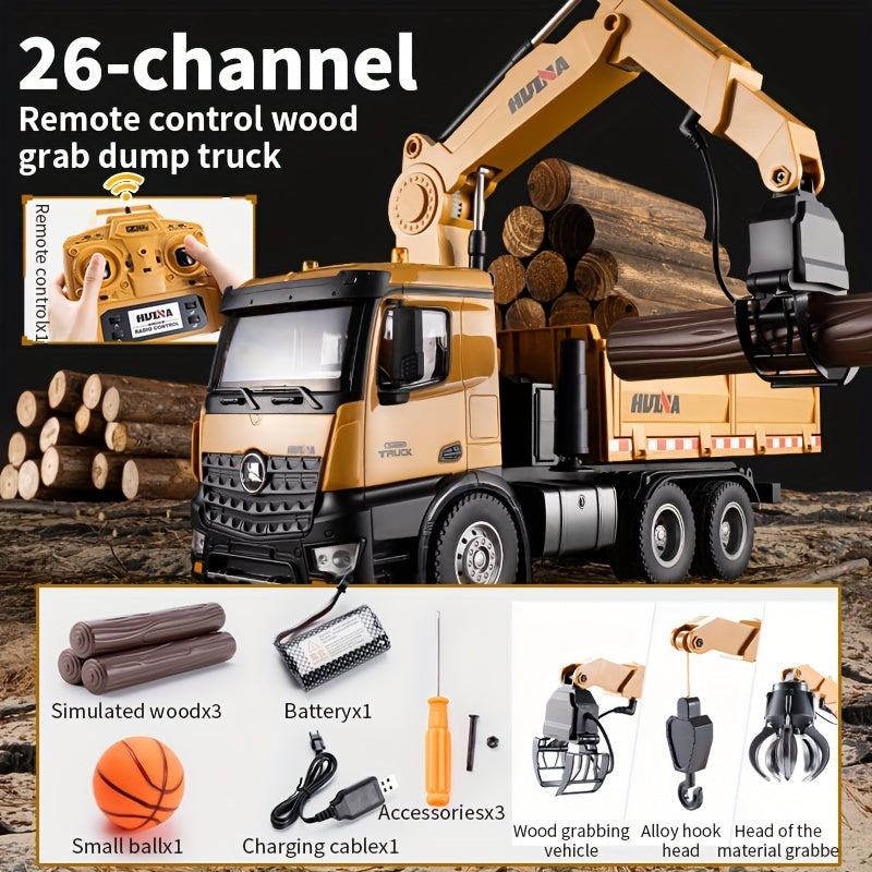 3-in-1 1:14 Twenty-six Channels Extra Large Alloy Remote Control Dump Truck,Construction Vehicle Toy With Two Grabbers And One Hanging Hook