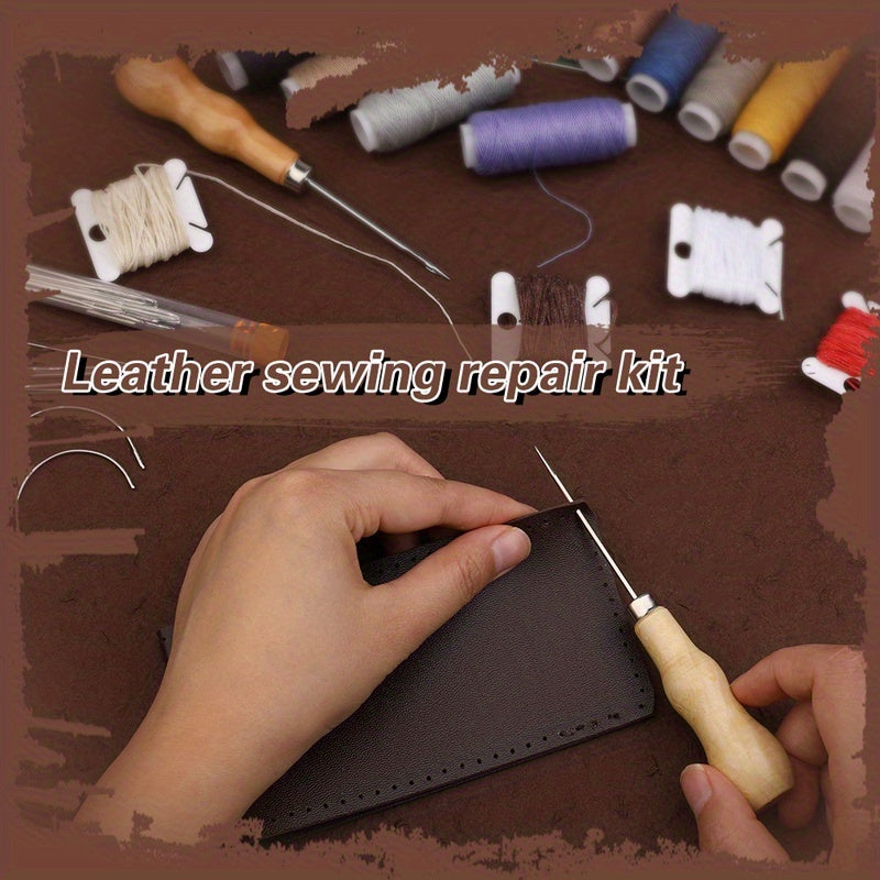 52 Pcs Leather Sewing Kit Upholstery Repair Sewing Tools With Large-Eye Stitching Needles, Sewing Awl, Sewing Thread, Waxed Thread, Thimble, Leather Craft Tool For Beginners And Professionals