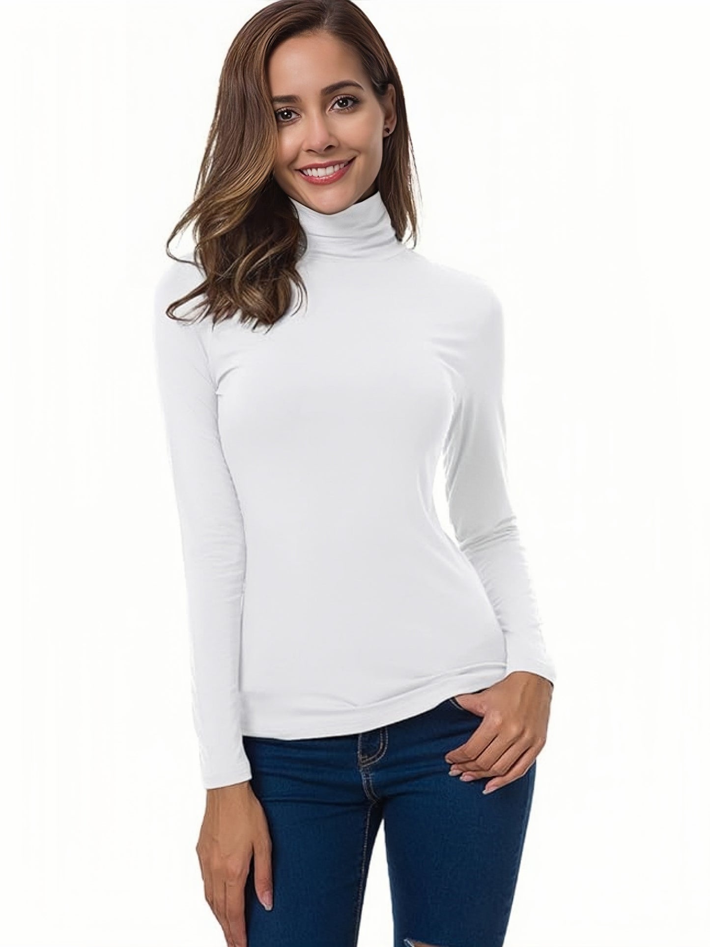 Sólido 4 paquetes de camiseta, camiseta casual de manga larga con cuello alto para primavera y otoño, ropa de mujer