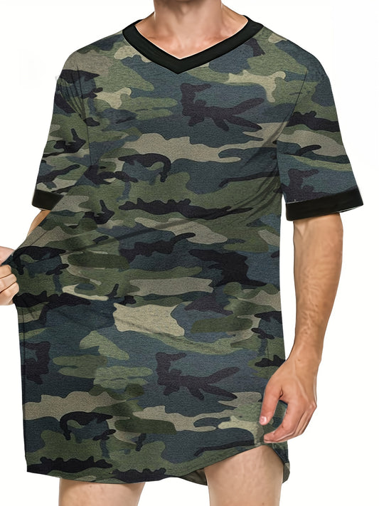 Men's Simple Style Casual Camouflage Pattern Long Tees Nightshirt Dress , Comfy Short Sleeve Crew Neck T-shirt Home Pajamas Sleepwear Night Gown(Suitable For Height160-180, Weight Under242.51 LB)