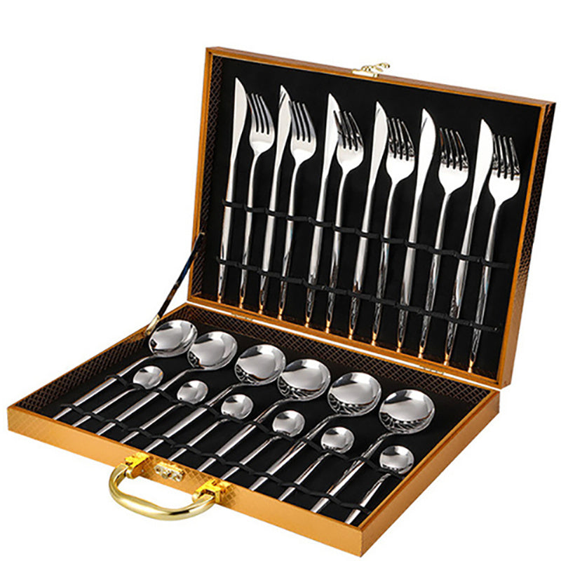 24pcs Elegant Tableware Set, Stainless Steel Mirror Polished Silverware Set, Golden \u002F Silvery Flatware Set With Gift Box, Wedding Dining Household Fork Spoon Knife Cutlery Set, Kitchen Accessories