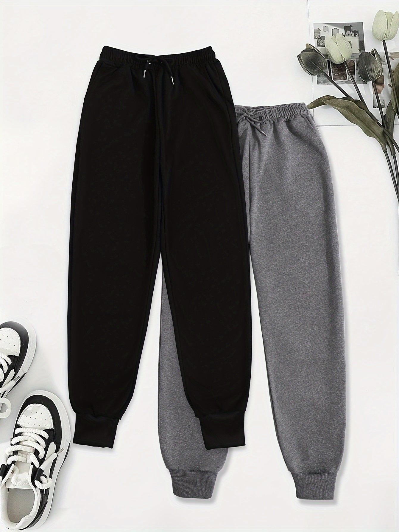 Two Pack Pants, Solid Drawstring High Waisted Sweatpants, Casual Every Day Pants, Women's Clothing