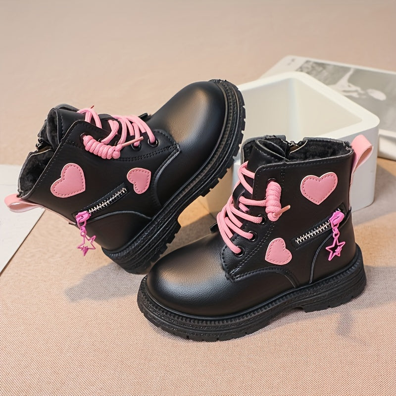 Trendy Cute Plus Fleece Boots For Girls Kids, Comfortable Non Slip Boots With Zipper For Indoor Outdoor Travel, Autumn And Winter