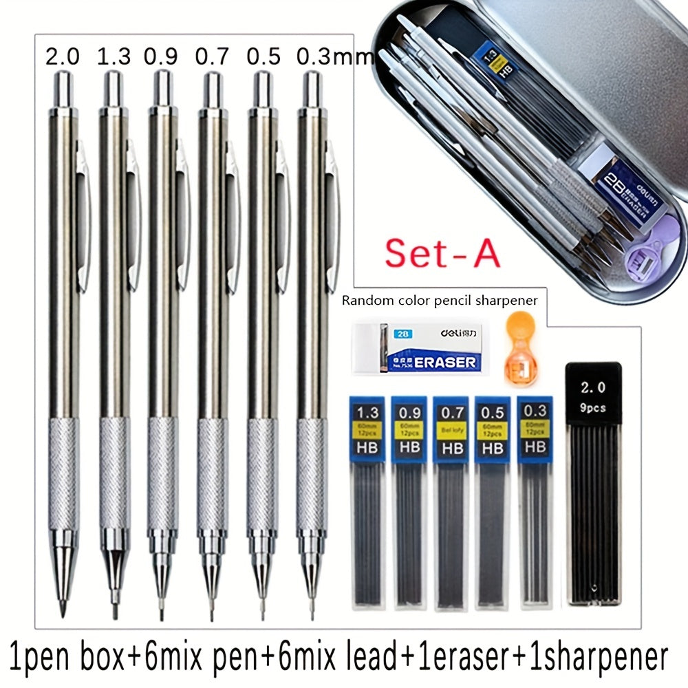 6pcs Metal Mechanical Pencil With Pen Box Lead Eraser Pencil Sharpener Set 0.3 0.5 0.7 0.9 1.3 2.0mm Art Sketch Automatic Pencil