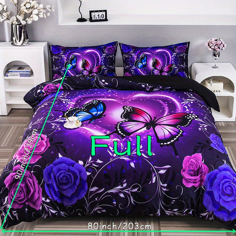 3pcs Duvet Cover Set, Fashion Classic Popular Butterfly Flower Digital Print Bedding Set, Soft Comfortable Duvet Cover, For Bedroom, Guest Room (1*Duvet Cover + 2*Pillowcase, Without Core And Quilt)