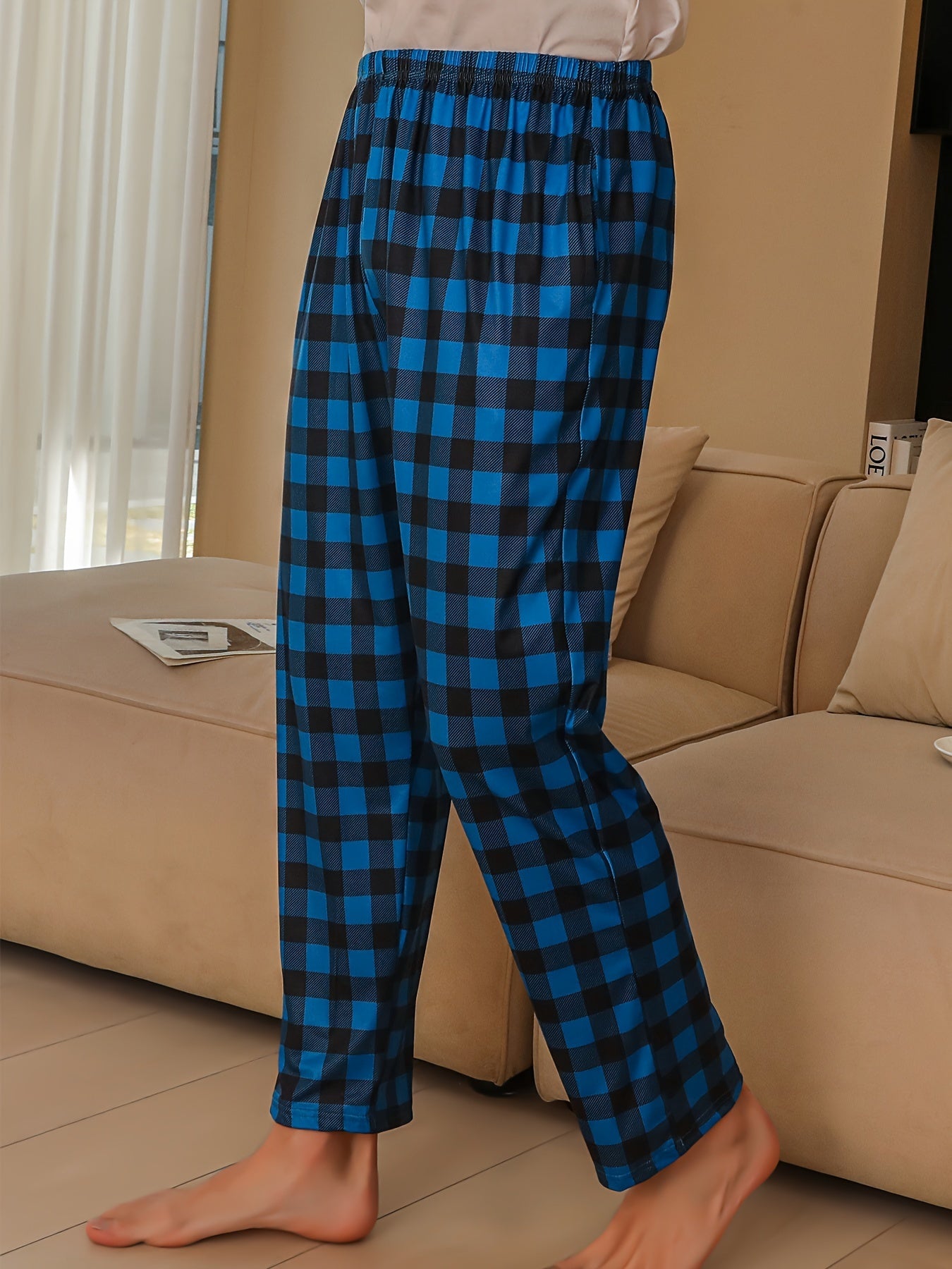 3pcs Men's Simple Style Plaid Pattern Casual Comfy Pants, Trendy Loose Stretchy Elastic Waist Home Pajamas Bottom, Suitable For Sleeping Home