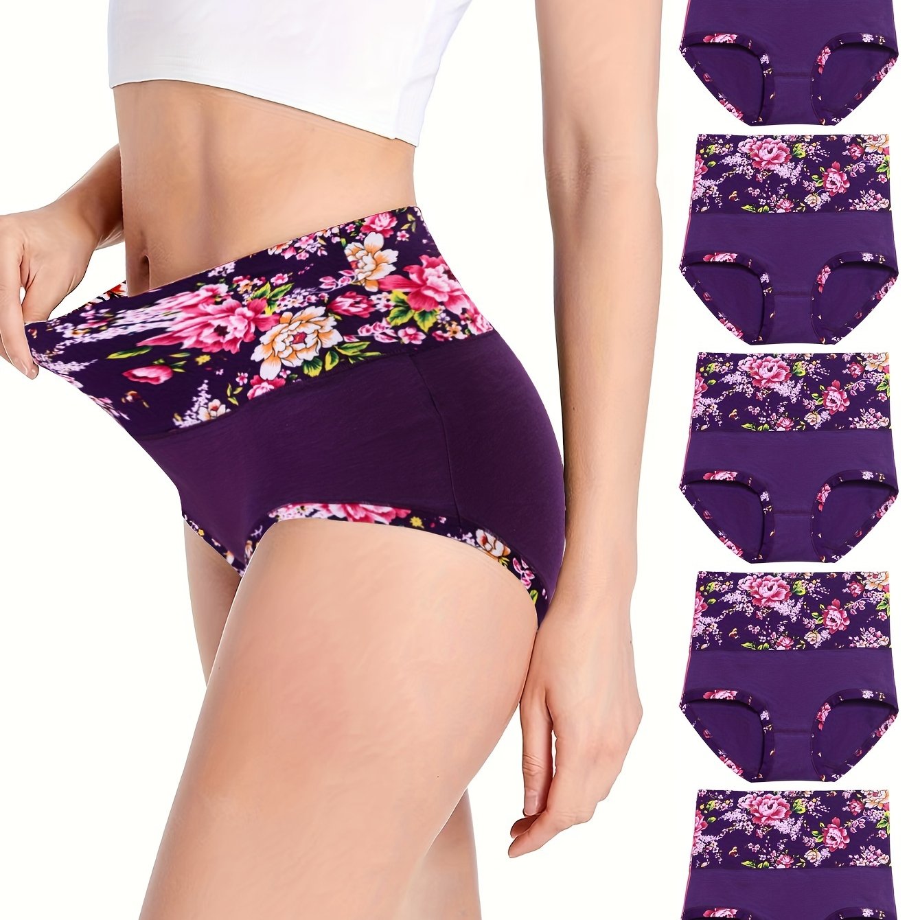 5pcs Floral Print Briefs, Comfy & Breathable Stretchy Intimates Panties, Women's Lingerie & Underwear