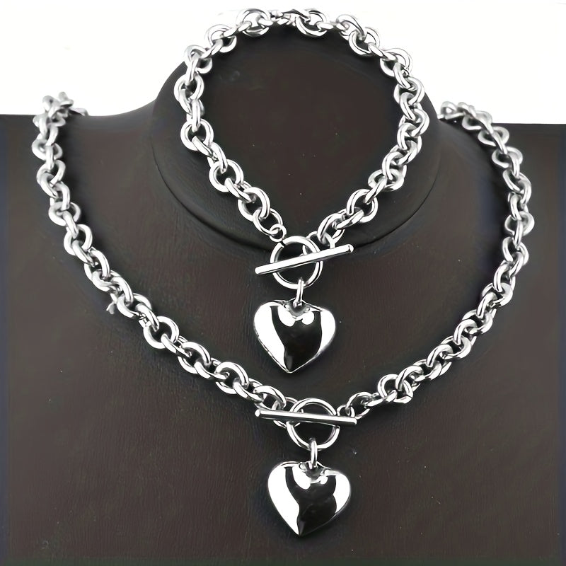 2pcs\u002Fset  Fashion Titanium Steel Set Peach Heart Set Necklace Bracelet O-shaped Chain For Men And Women