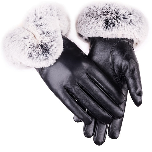 Black PU Leather Gloves Short Fluff Lining Warmth Gloves Faux Fur Decor Coldproof Gloves Autumn Winter Touch Screen Gloves