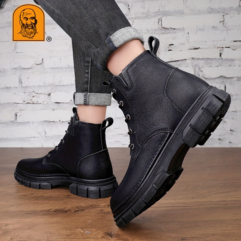 LAORENTOU Men's Trendy Solid Ankle Boots With Lined Fuzz, Waterproof Wear-resistant Non Slip Lace-up Boots For Outdoor Casual