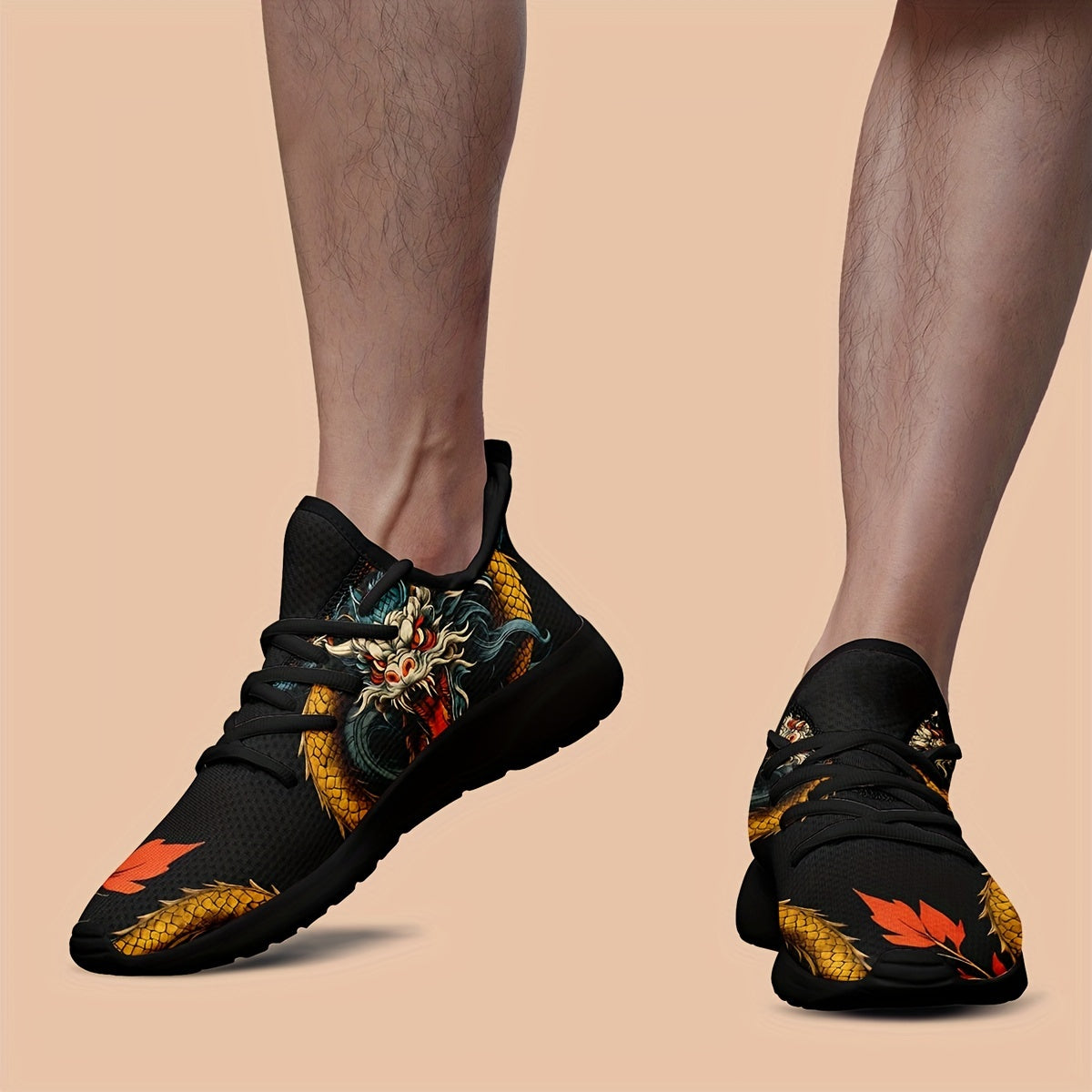 Hommes Chinois Dragon Conception Graphique En Tricot Respirant Chaussures de Course, Confortable Doux Semelle Absorption Des Chocs À Lacets Sneakers