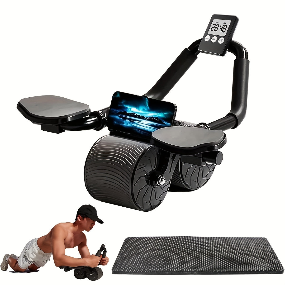 Roue abdominale avec tapis de genou, minuterie de roue abdominale à rebond automatique, rouleau d&#39;exercice de roue abdominale, équipement d&#39;entraînement abdominaux, roues d&#39;exercice de stimulateur abdominal pour la salle de gym à domicile