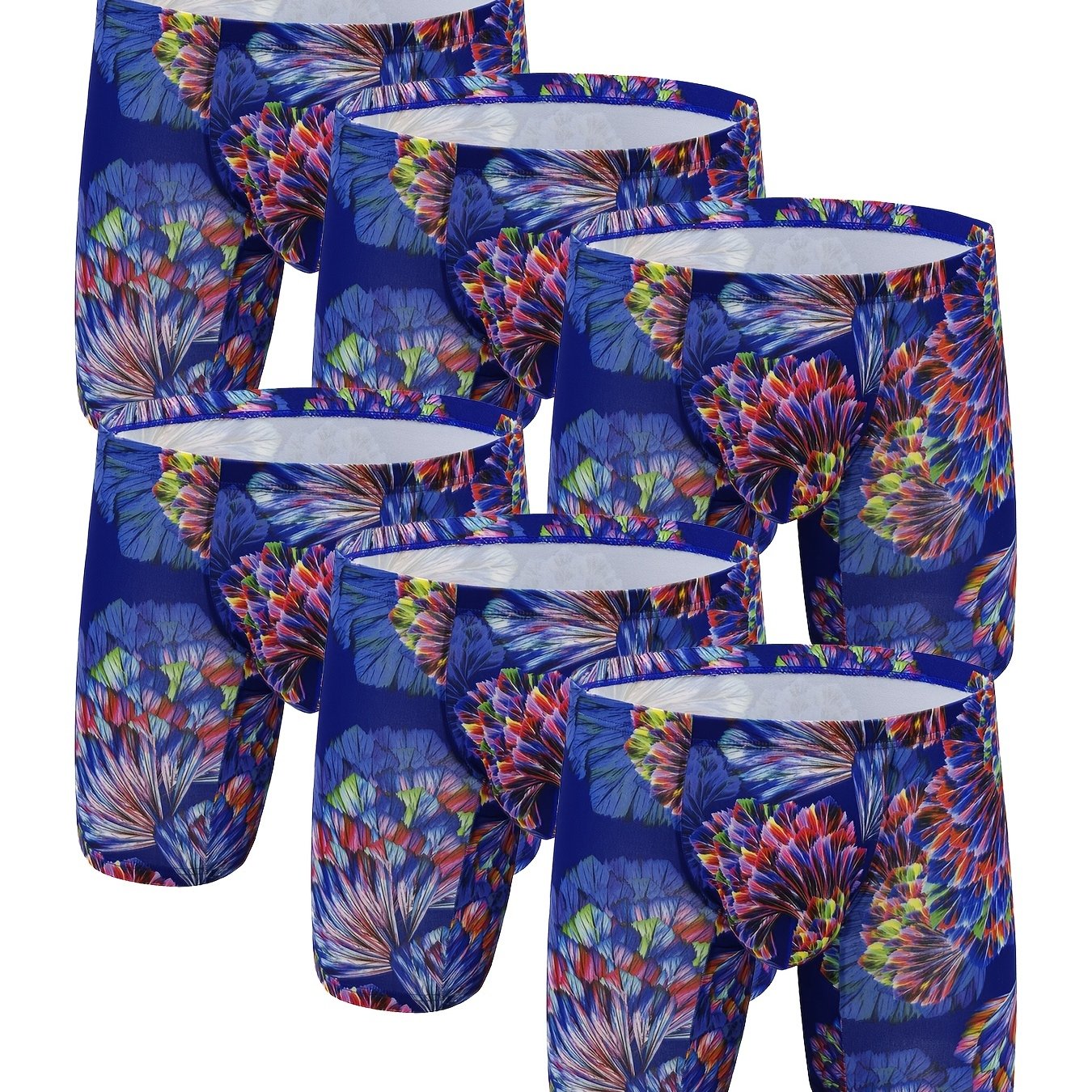 6pcs Men's Flower Pattern Fashion Personality Long Leg Boxer Briefs Shorts, Breathable Comfy Quick Drying Stretchy Boxer Trunks, U-shaped Convex Pouch Panties, Men's Underwear