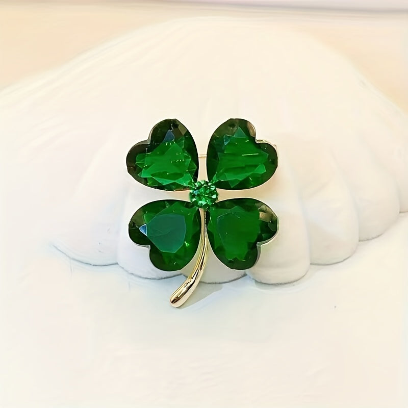 Good Luck Charm: Lucky Green Four-Leaf Clover Crystal Brooch for Women's Clothing and Accessories