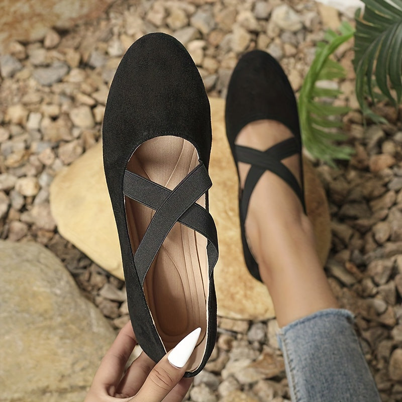 Femmes Cross Strap Ballet Flats, Solide Couleur Sangle Élastique Slip Sur Chaussures, Casual Soft Sole Flats