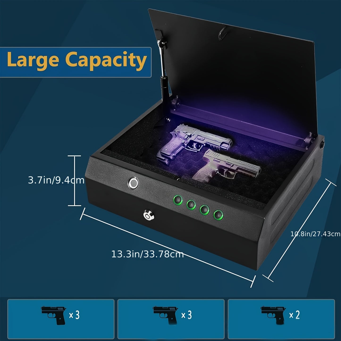 Coffre-fort biométrique pour armes à feu avec accès rapide à trois voies, coffre-fort intelligent à empreintes digitales avec clés et clavier, à côté du boîtier de verrouillage des armes à feu pour la maison, la table de nuit et le bureau (serrure biométr