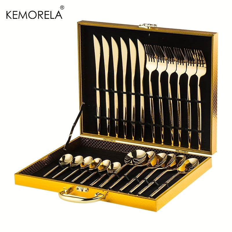 24pcs Elegant Tableware Set, Stainless Steel Mirror Polished Silverware Set, Golden \u002F Silvery Flatware Set With Gift Box, Wedding Dining Household Fork Spoon Knife Cutlery Set, Kitchen Accessories