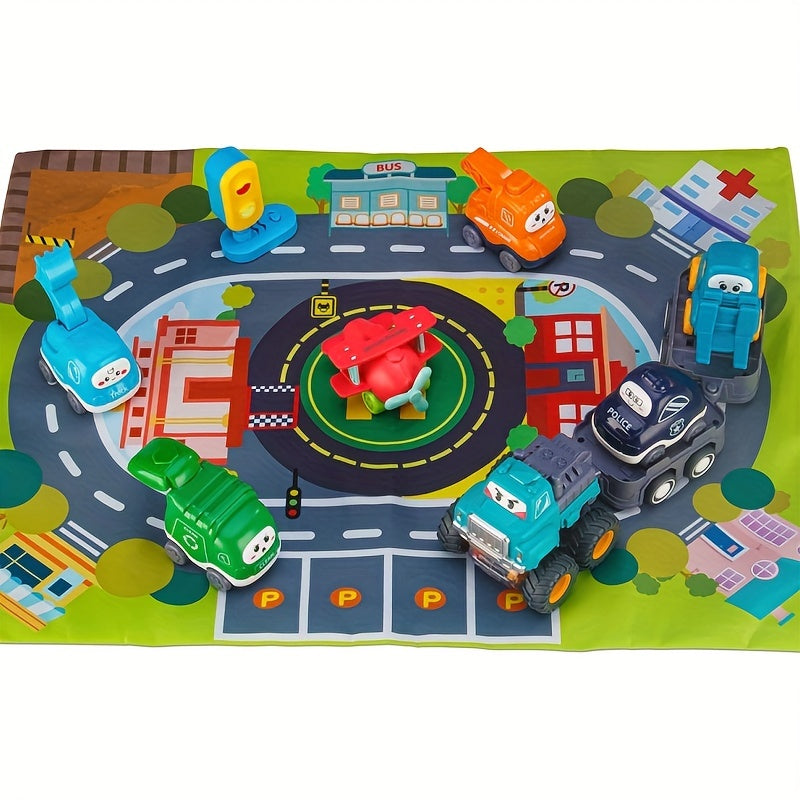 A Set Of 6 Inertia-powered Toy Cars With Trailer And City Map Storage Mat