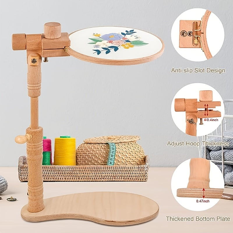 1set Wooden Tall Embroidery Stand Set, Adjustable Cross Stitch Hoop Stand Holder With 4''-6'' Embroidery Hoops, Rotatable Embroidery Frame Lap Stand Hands Free Sewing Tool For Cross Stitch Project