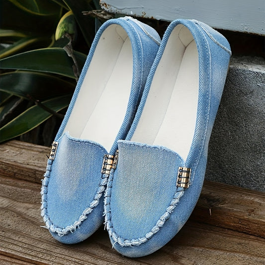 Women's Denim Flat Shoes, Casual Round Toe Soft Sole Non Slip Shoes, Outdoor Walking Flat Loafers