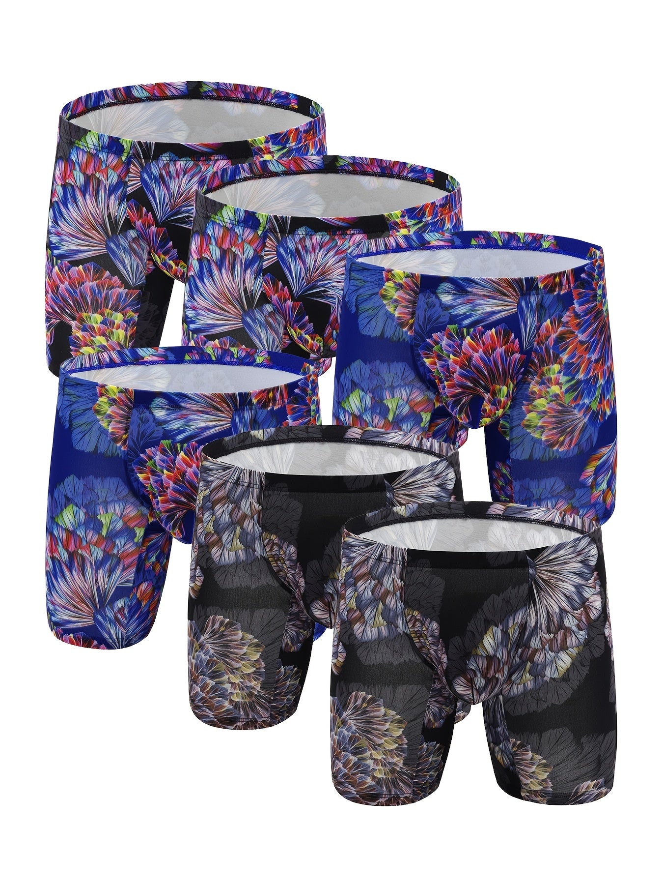 6 peças masculinas com padrão de flores, personalidade da moda, cuecas boxer de perna longa, respiráveis, confortáveis, de secagem rápida e elásticas, cuecas boxer em forma de U, calcinhas com bolsa convexa em forma de U, roupas íntimas masculinas