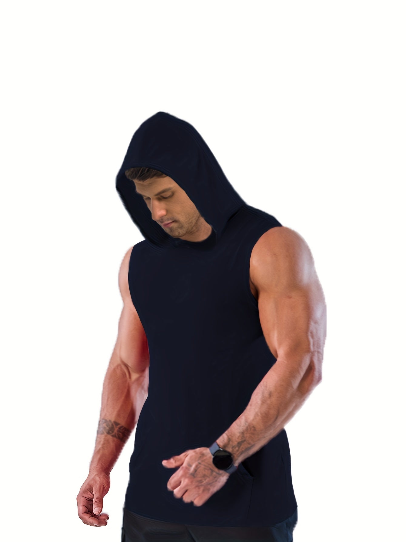 Plus Size Men's Solid Sleeveless Hoodies For Sports, Fashion Casual Hooded Tank Top For Summer, Men's Clothing