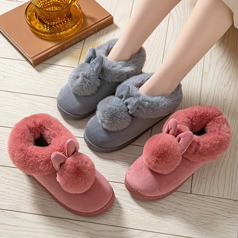 Slipeprs femininos com decoração de coelho Kawaii, sapatos confortáveis forrados de pelúcia, sapatos quentes de inverno femininos