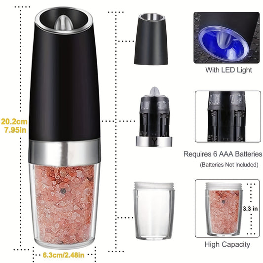 2pcs Gravity Electric Salt And Pepper Grinder Set, Battery Powered LED Light Pepper Grinder, One Hand Automatic Operation, Adjustable Coarseness Pepper Mill, Spice Shakers, Kitchen Gadgets, Gift Ideas, Chrismas Gifts, Halloween Gifts