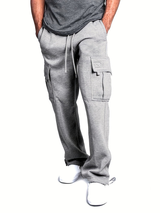 Plus Size Men's Relaxed Fit Cargo Trousers With Pockets, Oversized Casual Drawstring Pants For Big And Tall Guys