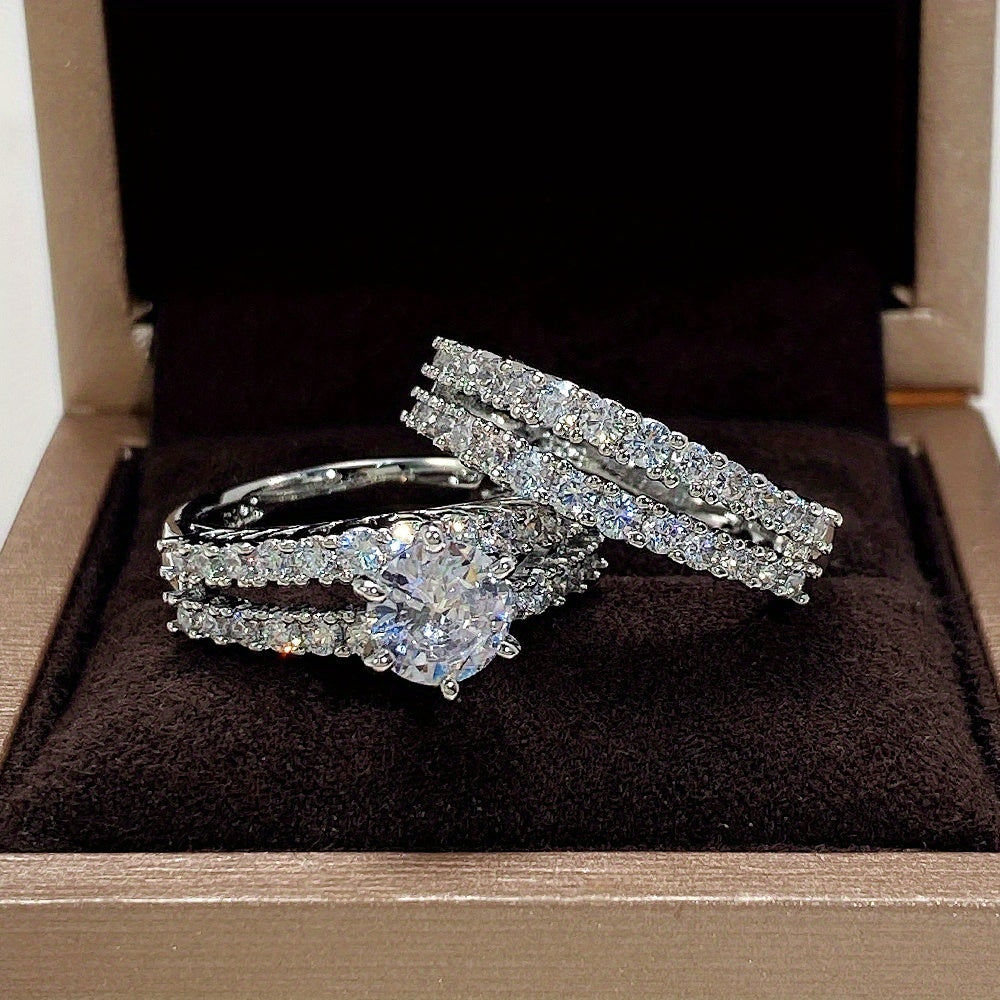 2 Pcs \ u002Fset De Mariée Anneaux De Mariage 18K Plaqué Or 6 Prong Réglage Zircon Anneaux Pour Les Femmes Fiançailles Proposition Bijoux Cadeau (sans Boîte)