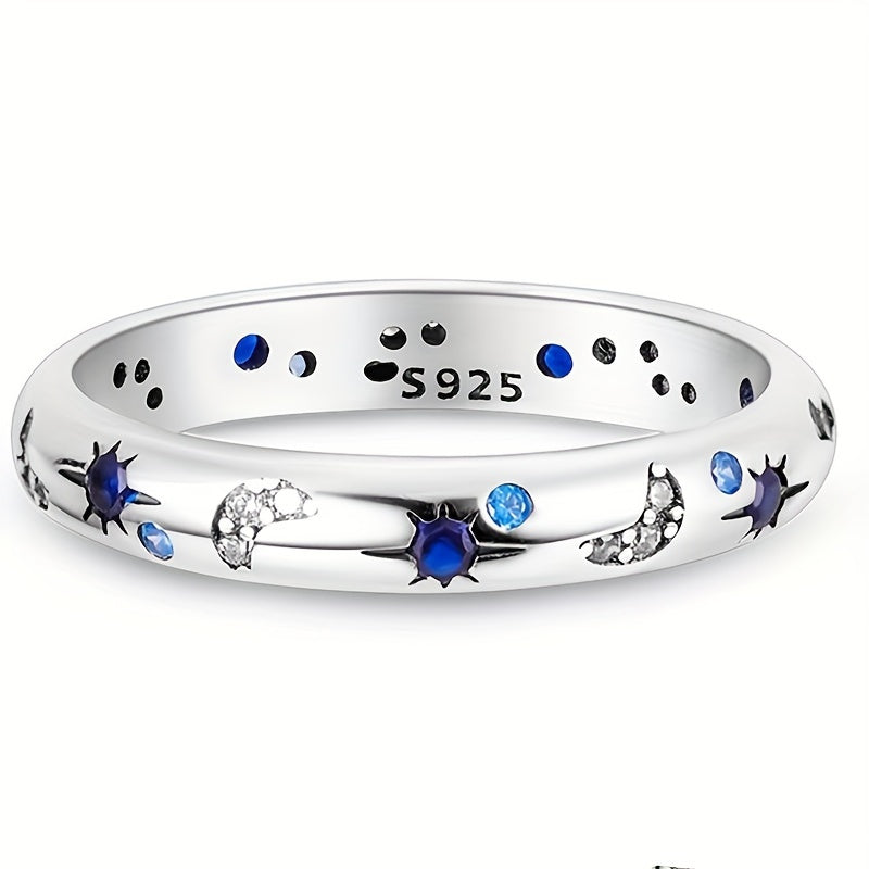 1pc 925 Sterling Silver Ring Moon And Star Patterns Inlaid Rhinestone Creative Design Showing Off Personality