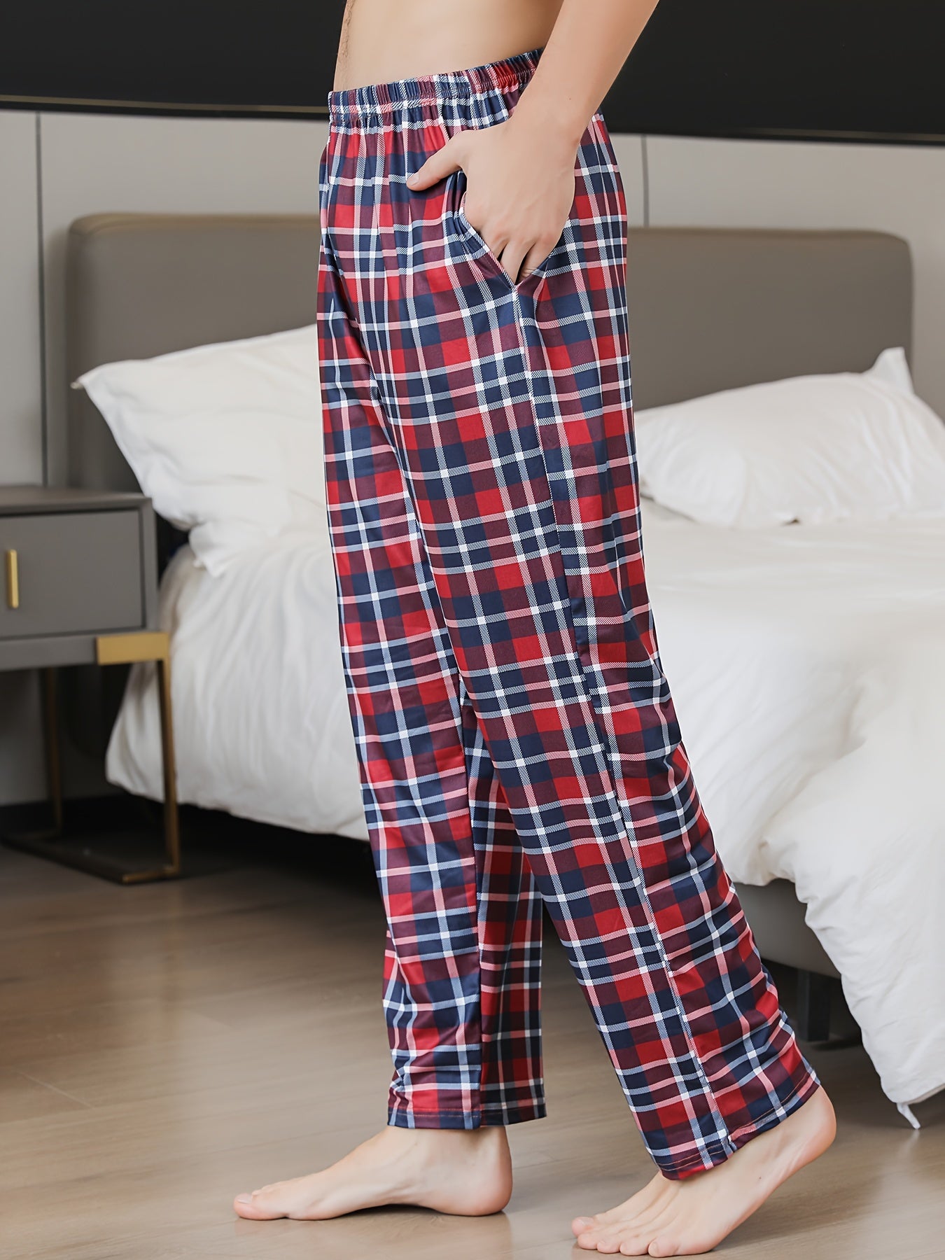 3pcs Men's Simple Style Plaid Pattern Casual Comfy Pants, Trendy Loose Stretchy Elastic Waist Home Pajamas Bottom, Suitable For Sleeping Home