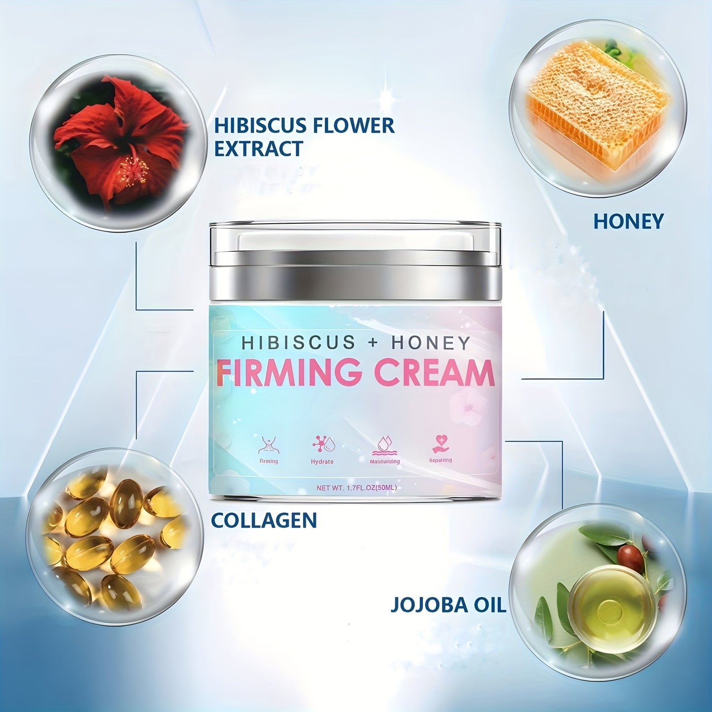 Creme reafirmante de hibisco e mel, creme reafirmante para pescoço, creme tensor para a pele, loção reafirmante e tensora para rosto e corpo, creme reafirmante, tensor e hidratante para a pele, com extrato de hibisco e mel