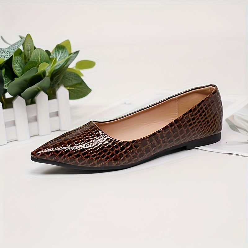 Women's Crocodile Pattern Flat Shoes, Casual Point Toe Slip On Shoes, Lightweight & Comfortable Shoes