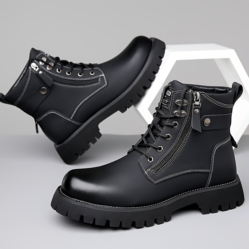 Men's Trendy Solid High Top Boots With Side Zipper, Comfy Non Slip Durable Casual Shoes For Men's Outdoor Activities