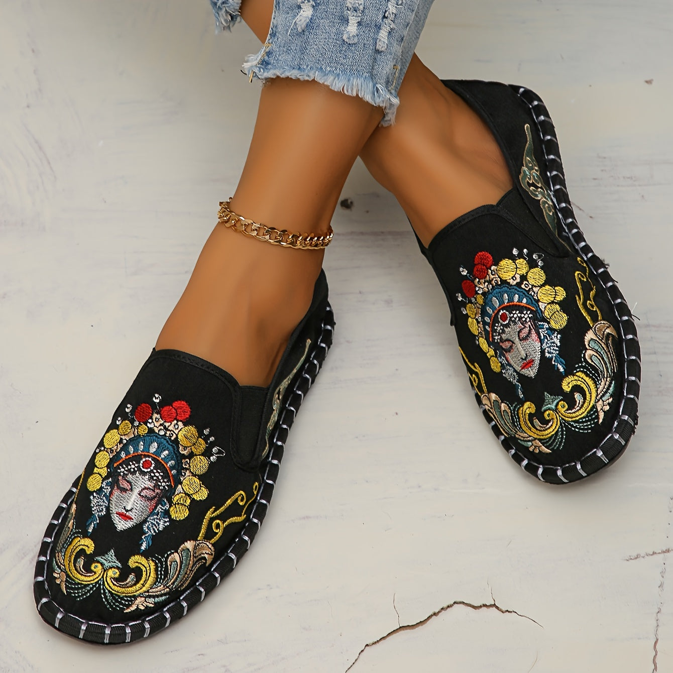 De las mujeres de China Peking Opera Bordado Planos, Casual Slip On Zapatos Tela Transpirable, Ligeros Low Top Planos