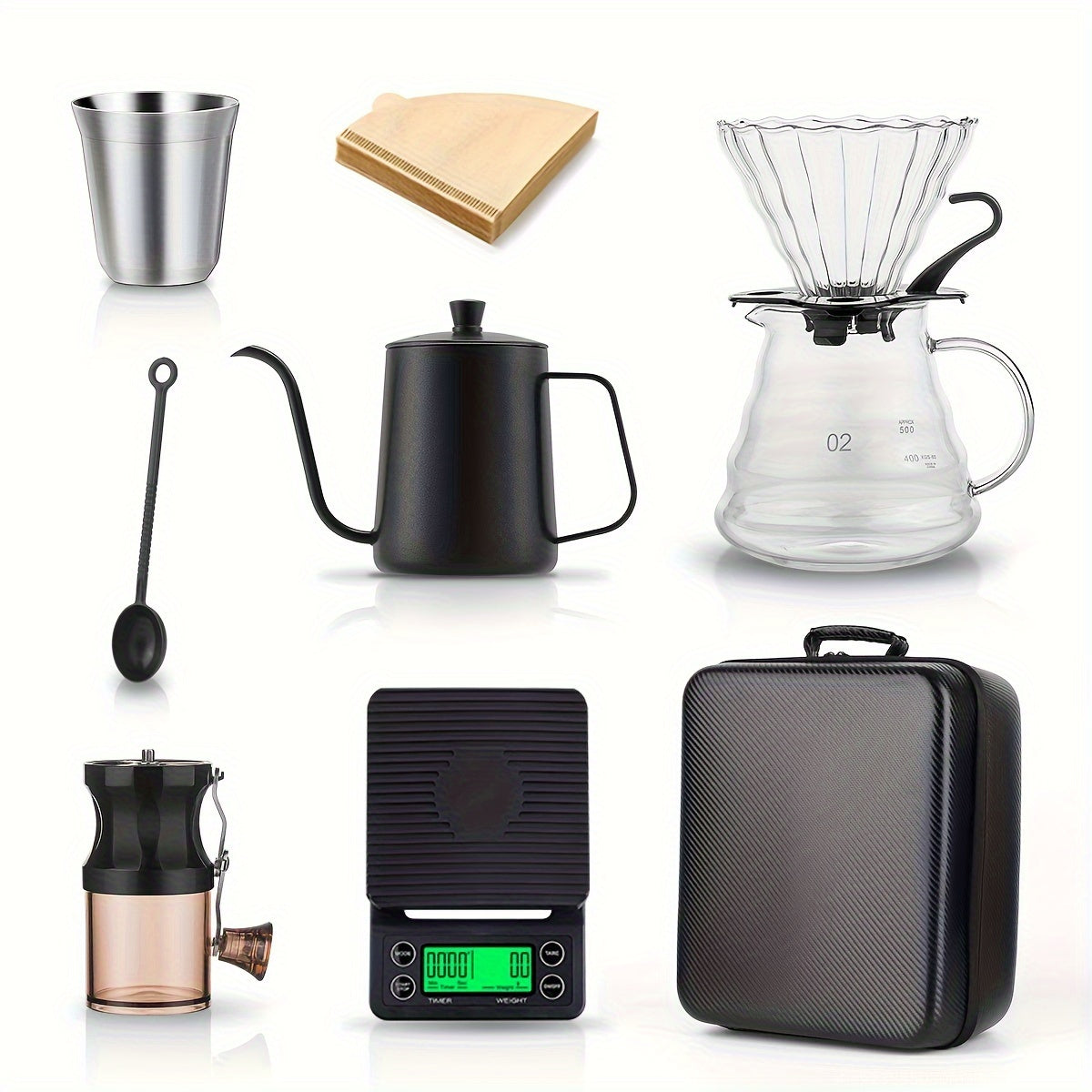 Conjunto de cafeteira feita à mão, 9 peças, com caixa de armazenamento, ferramentas de café feito à mão, presente, camping, para trailer, acampamento ao ar livre, piquenique, escritório, viagem, cafeteira, acessórios de bar, material escolar