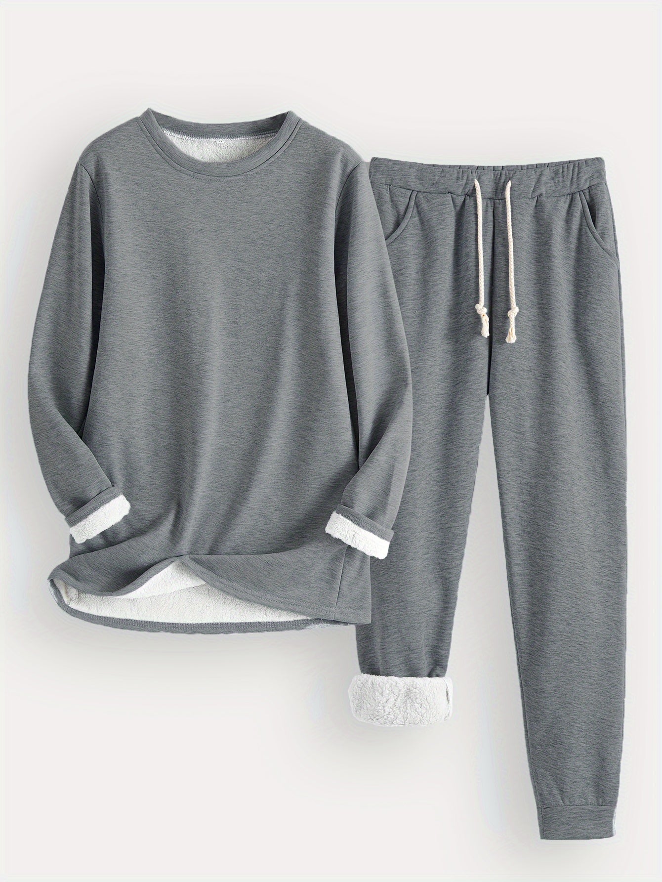 Zweiteiliges Set mit Rundhals ausschnitt Langarm Sweatshirt und Kordel zug hose lässig solide, zweiteiliges Set, Damen bekleidung