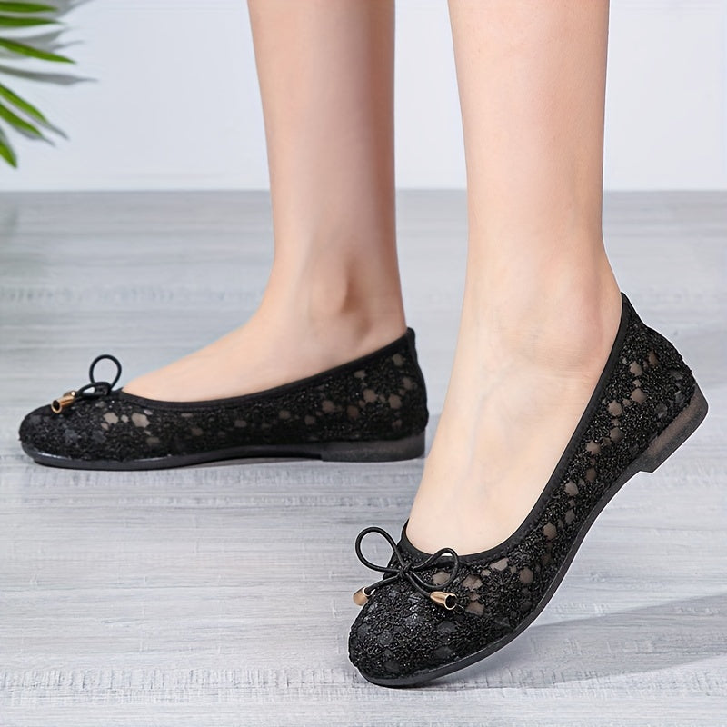 Women's Flower Mesh Flat Shoes, Elegant Bow Hollow Out Slip On Shoes, Casual All-Match Breathable Flats