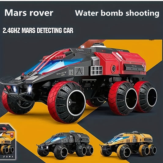 2.4G RC totalmente proporcional com tração nas seis rodas, carro de brinquedo de exploração de Marte, pode lançar bombas de água para tiro remoto, torre oculta e ajustável para exploração de luzes de carro legal, brinquedos de presente espacial