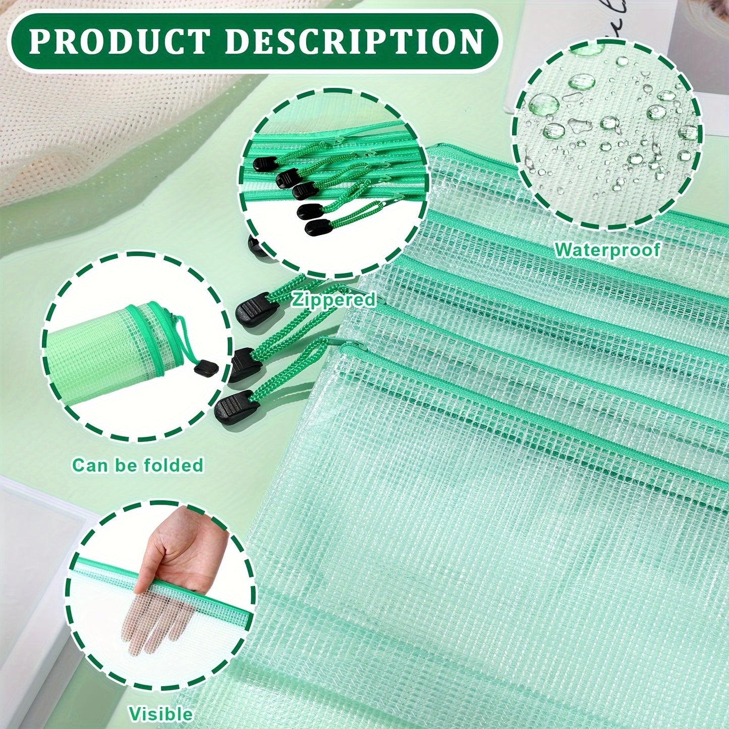 50pcs Mesh Zipper Pouch Zipper Bags 5 Sizes Waterproof Storage Bags Travel Pouches With Zipper Plastic Puzzle Bag Multipurpose File Bags For Home Office School Supplies Organizing (Green)