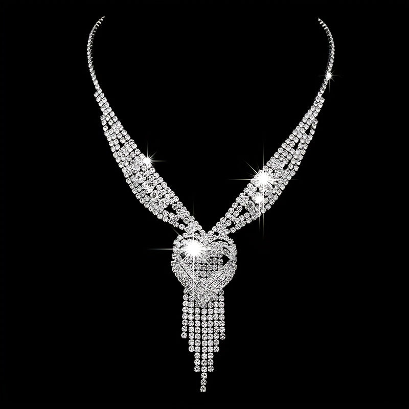 Crystal Rhinestone Heart Decor Tassel Necklace Elegant Y Necklace Bridal Wedding Party Banquet Jewelry For Women