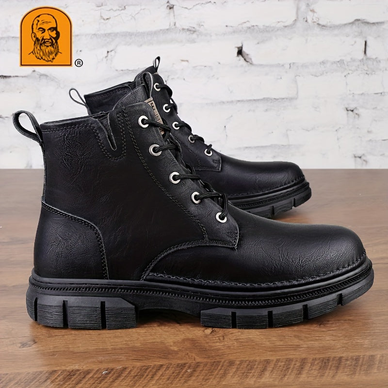 LAORENTOU Men's Trendy Solid Ankle Boots With Lined Fuzz, Waterproof Wear-resistant Non Slip Lace-up Boots For Outdoor Casual