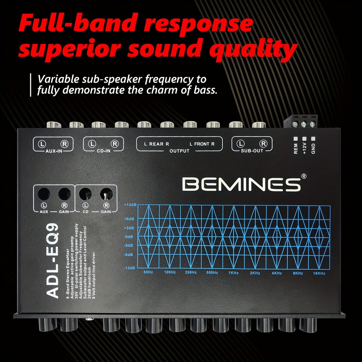 EQ9 9-band كامل المدى سيارة التعادل ، ضبطها الصوت ، وصلات الإدخال والإخراج المتعددة ، يدعم ثلاثة أضعاف وباس ، سيارة تعديل الصوت التعادل