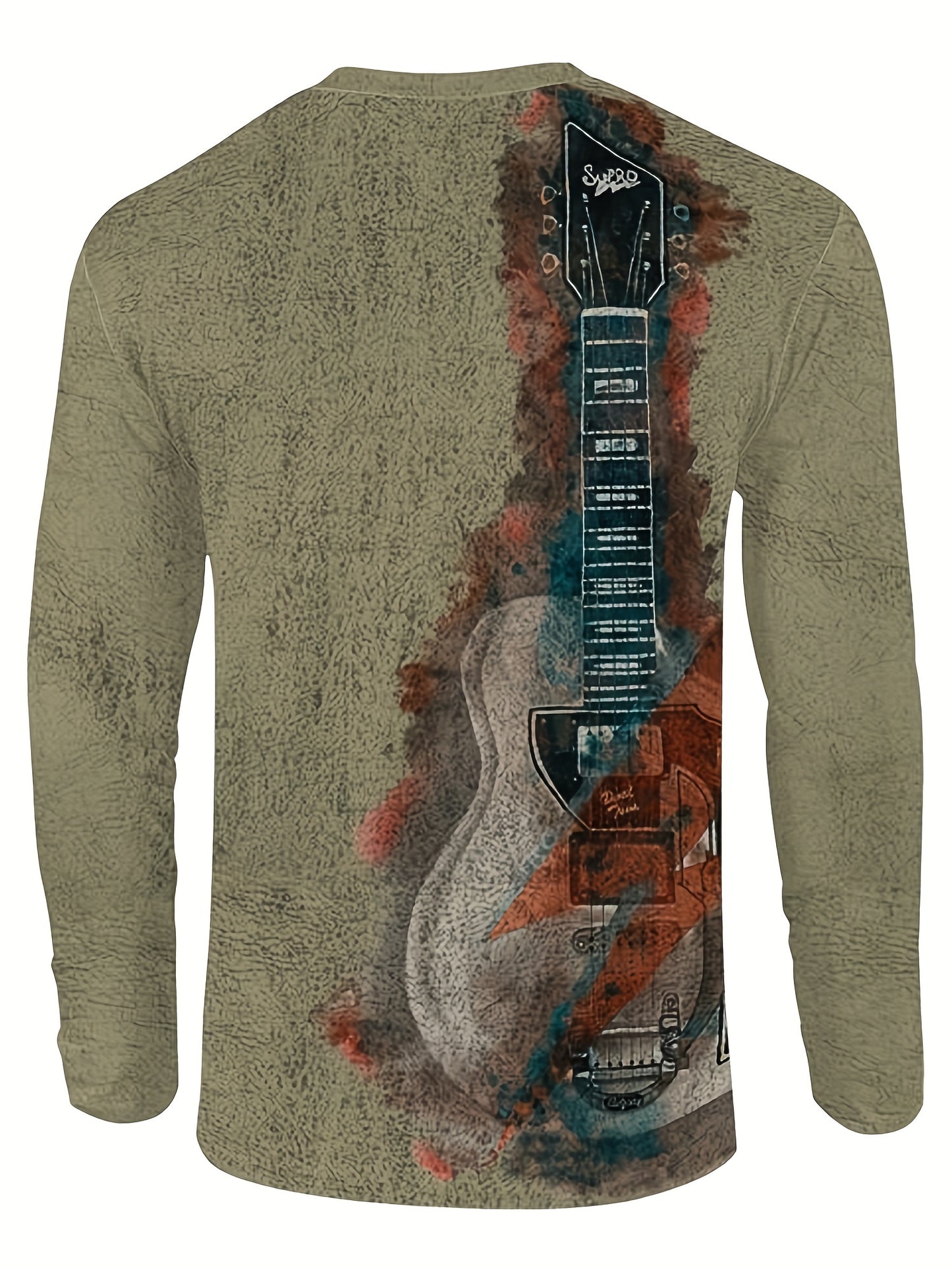 Camiseta masculina vintage de manga comprida com estampa digital 3D com estampa de guitarra, primavera outono, presente para homens