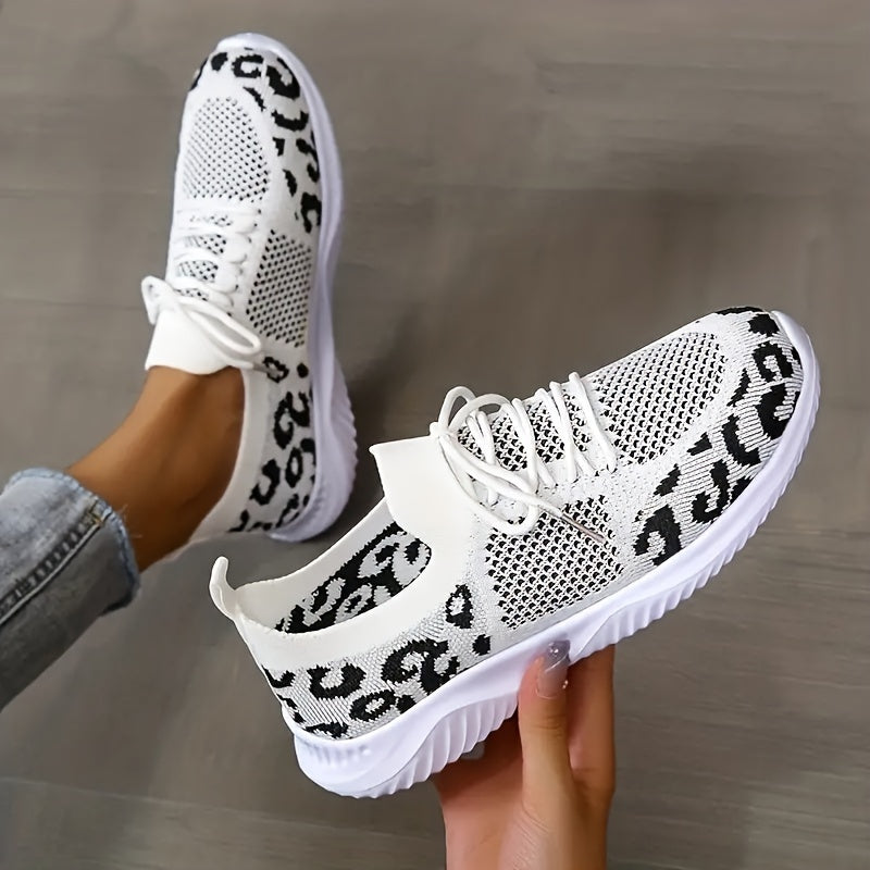 Women's Breathable & Lightweight Sneakers, Leopard Pattern Lace-up Running Shoes, Women's Footwear